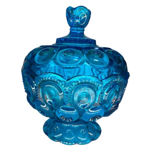 L.E. Smith Moon &  Stars Compote Blue Glass Dish with Lid 7" Tall - Excellent Co - Picture 1 of 4